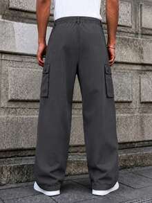 Men's Minimalist Loose Long Solid Color Cargo Pants, Suitable For Autumn, Street Style Cargo Pants, Personalized Multi-Pocket Practical Lumberjack Pants, Wide Leg Pants - Grey - View 5