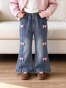 4-8 Years Old Young Girls Jeans Fashion New Cute Style Side Bow Towel Embroidery Patchwork Blue Denim Flared Long Pants - Blue - View 1