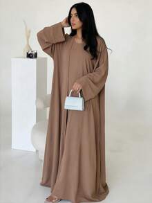 1 bộ trang phục Muslim giả hai mảnh màu trơn phong cách tối giản thanh lịch, cổ tròn, phù hợp mặc mùa xuân, hè, thu, đông, mặc quanh năm - Nhiều màu - Xem 8