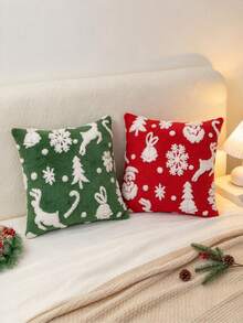 2pcs Christmas Tufted Sherpa Fleece Throw Pillow Covers, Red Base With 3D White Snowflake & Dot Pattern, Soft Plush Cushion Covers For Sofa Couch Bedroom Living Room Holiday Home Decor, Insert Not Included - Multicolor - View 9