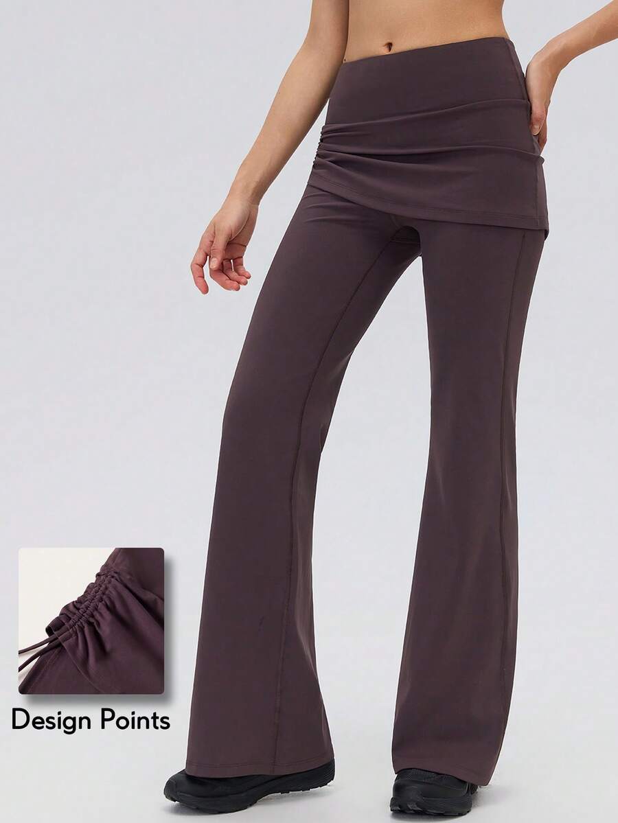KyrLssu Celana Panjang Wanita Pinggang Tinggi Model Rok Mengembang, Desain Rok Berlapis, Potongan Bootcut Panjang dengan Tali Serut Samping - Coklat - View 1