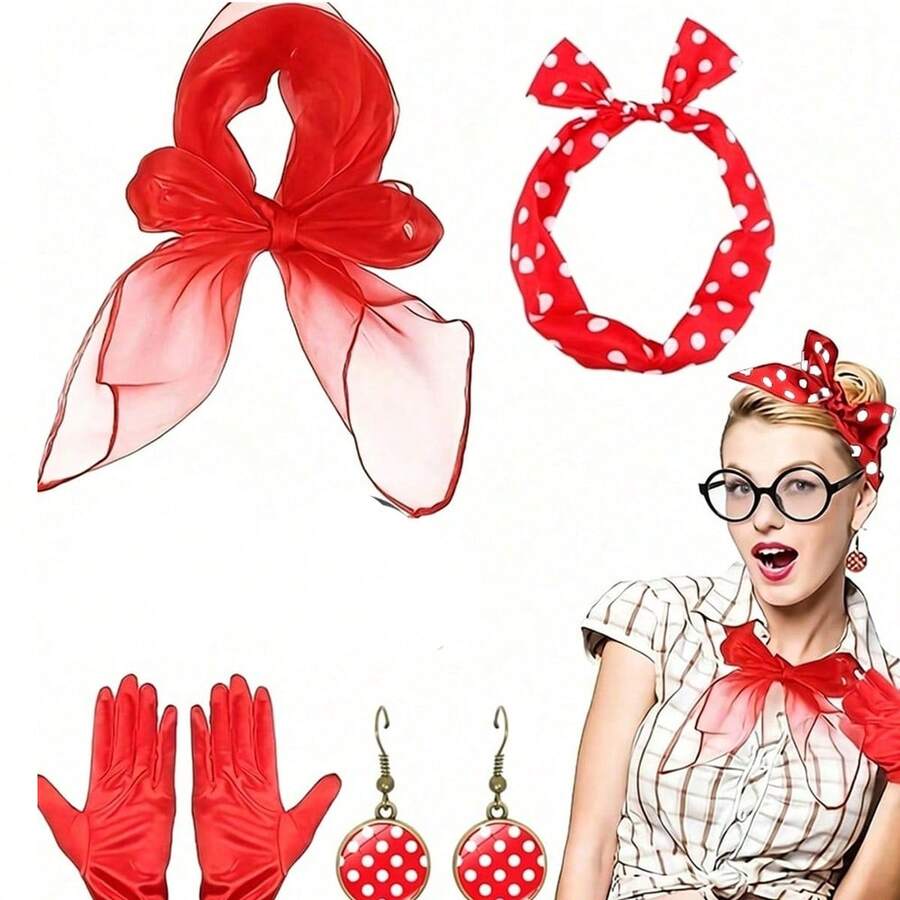Vintage 1950s Party Set, Set Includes Chiffon Scarf, Polka Dot Headband, Earrings And Gloves - Multicolor - View 1