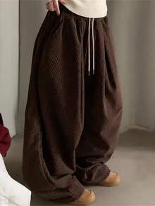Women's Solid Color Drawstring Waist Casual Daily Long Pants - Coffee Brown - View 1