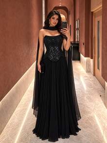 UNITHORSE[Random Cut]Strapless Elegant Waist-Cinching Sequin Patchwork Chiffon Evening Dress - Black - View 5