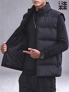 mulinsen Men's Minimalist Stand Collar Vest, Multi-Functional Sleeveless Tank Top With Zipper Pocket Design, Layerable For Winter Daily Wear - Black - View 8