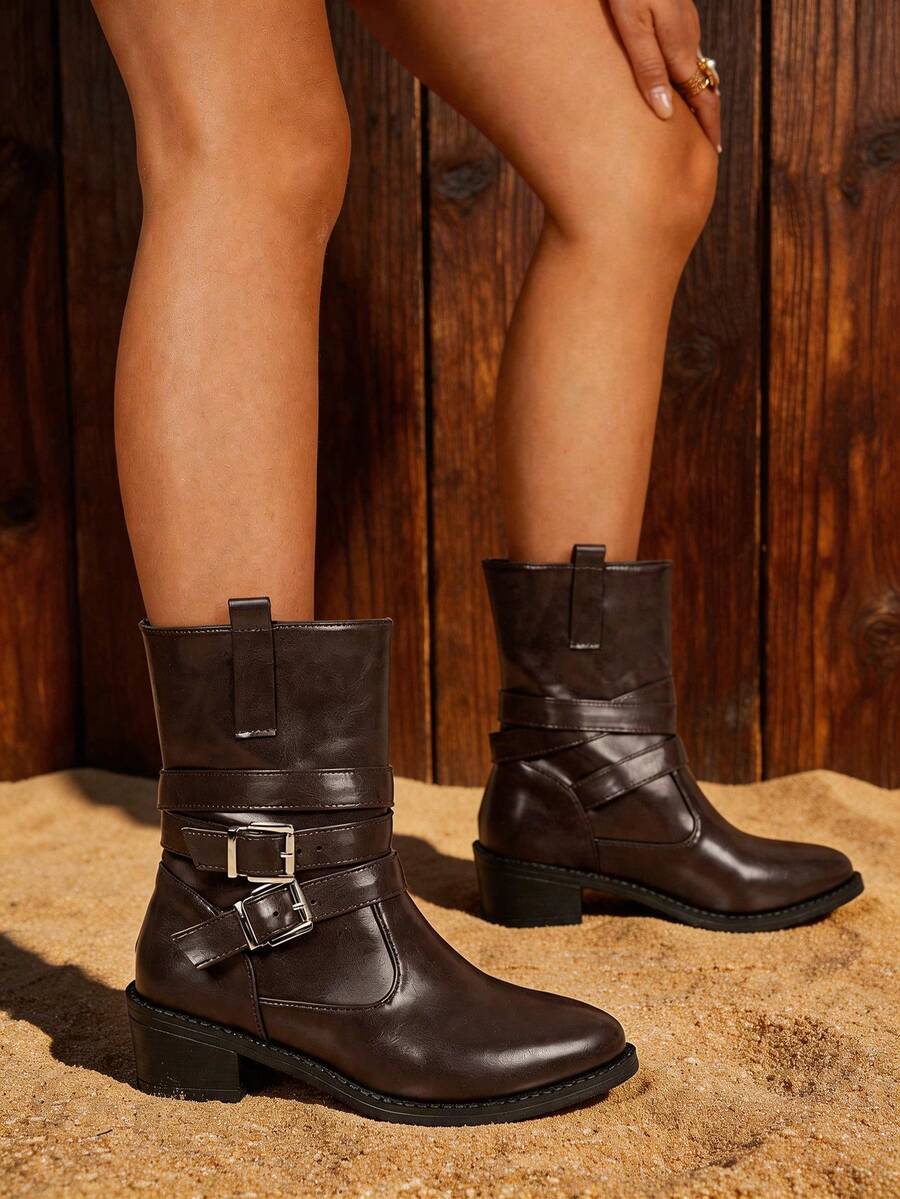 Fashion Ankle Boots For Women Low Heel Biker Boots - Brown - View 1
