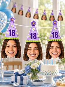 8/16/24pc Custom Face Photo & Text Birthday Banner, Personalized Portrait Cutout Bunting Garland With Number Party Hat, Milestone Birthday Party Decor,Photograph Backdrop - Multicolor - View 6