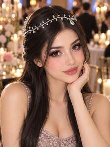 1pc Bohemian Style Rhinestone Leaf Headband, Water Drop Crystal Bridal Hair Accessory - Silver - View 1