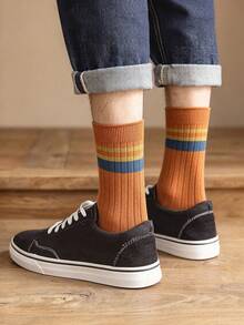 1/5/10 Pairs Men's Casual Solid Color Striped Mid-Calf Socks, Odor-Resistant, Moisture-Wicking, Breathable, Comfortable Crew Socks, Men's Short Socks - Multicolor - View 4