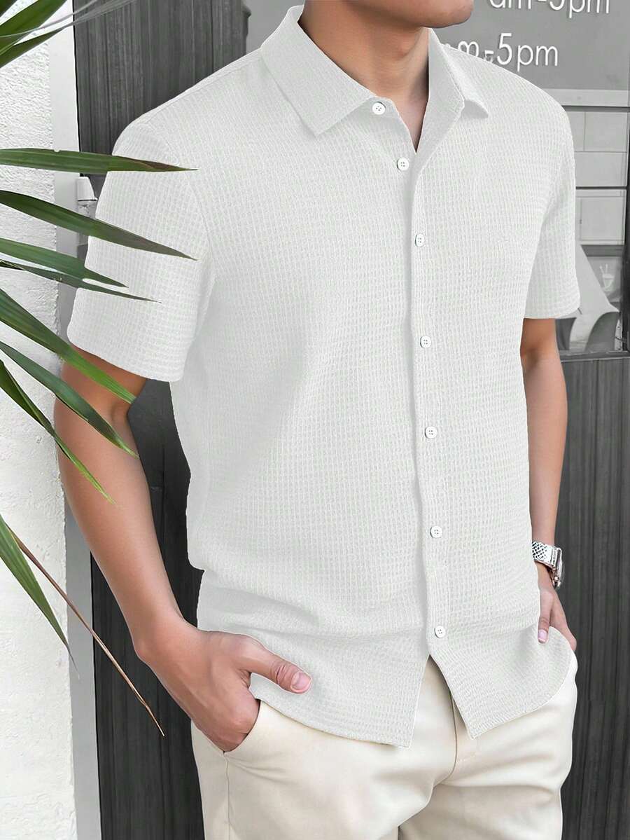 男士春夏華夫格紋布料單排扣襯衫領白色短袖純色前開襟上衣 無彈力輕便商務休閒日常通勤辦公穿搭