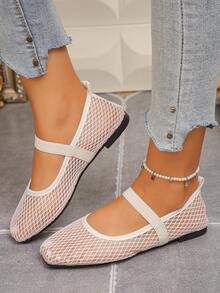 Women's White Mesh Breathable One-Strap Mary Jane Square Toe Flat Ballet Shoes Autumn Footwear - White Mesh - White Grid - View 2