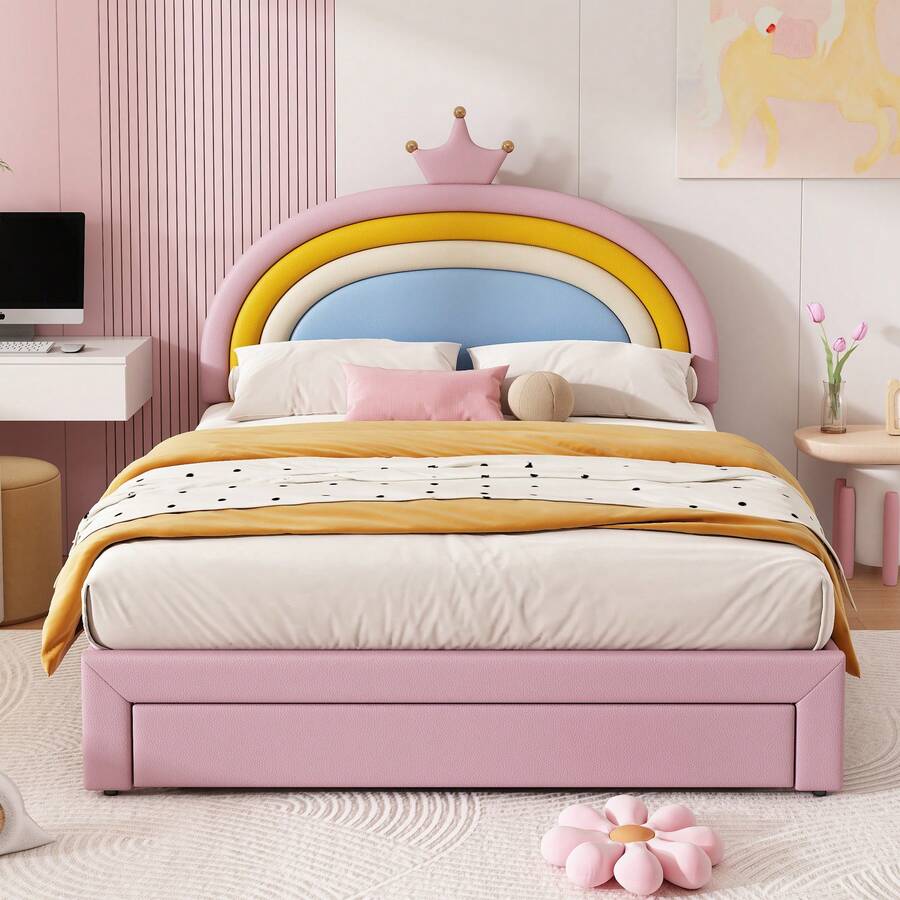Padded Children's Bed 140 X 200 Cm, Pink, With Rainbow Crown Headboard, Height Adjustable To 2 Levels, Drawer At The Foot, Easy-To-Clean PU Cover And Load Capacity Up To 220 Kg - Pink - View 1