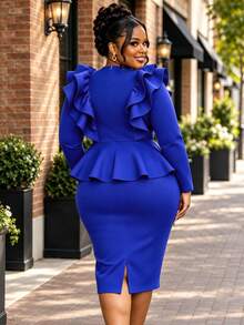 Gaun Midi Peplum Lengan Panjang Warna Biru Royal Elegan Ukuran Plus, Leher V, Bahu Berumbai Bertingkat, Kancing Berlian Imitasi, Gaun Formal untuk Pesta Gereja - Biru - View 3