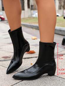 Sepatu bot ankle vintage berujung runcing dengan hak tebal mengkilap dan desain resleting belakang, sepatu bot wanita serbaguna yang membuat tubuh terlihat lebih ramping. - Hitam - View 5