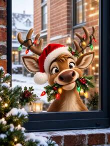 1 miếng decal tĩnh dán kính cửa sổ Giáng Sinh hình tuần lộc, hoạt hình dễ thương đội mũ Noel, nhãn dán kính tái sử dụng - phù hợp trang trí cửa sổ ngày lễ cho phòng khách, phòng ngủ tại nhà, decal tĩnh Giáng Sinh tuần lộc dễ thương với đèn màu và quả mọng đỏ, PVC, có thể tháo rời, nhãn dán trang trí kính cửa sổ - Nhiều màu - Xem 1