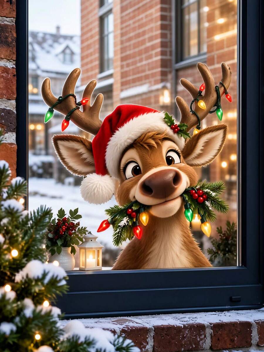 1 miếng decal tĩnh dán kính cửa sổ Giáng Sinh hình tuần lộc, hoạt hình dễ thương đội mũ Noel, nhãn dán kính tái sử dụng - phù hợp trang trí cửa sổ ngày lễ cho phòng khách, phòng ngủ tại nhà, decal tĩnh Giáng Sinh tuần lộc dễ thương với đèn màu và quả mọng đỏ, PVC, có thể tháo rời, nhãn dán trang trí kính cửa sổ - Nhiều màu - Xem 1