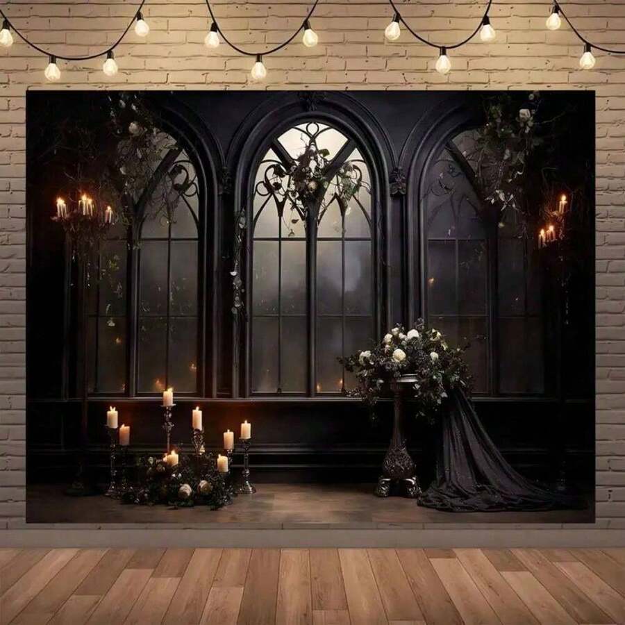 2D Flat BannerGothic Arch Window Candlelight Background, 1 Polyester Banner With Vine Decoration, Suitable For Studio Portraits, General Use, No Electricity Required, Suitable For Spring And Summer Events.
