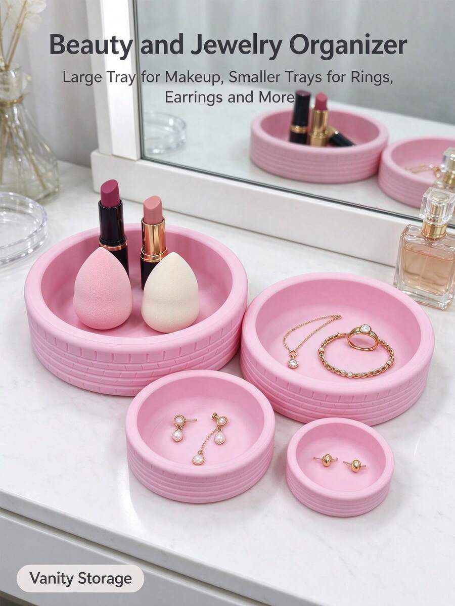 4pcs Tire Pattern Round Storage Tray, Vanity Aromatherapy Fragrance Holder, Jewelry Ring Earring Necklace Storage Tray, Makeup Brush Makeup Sponge Cosmetic Desktop Decor Storage Box, Multi-Specification Combination Jewelry Organizer Tray - View 1