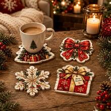 4pcs Christmas Wooden Drink Coasters, Snowflake Gift Box Bow Pattern Non-Slip Coasters, Suitable For Coffee Table Dining Holiday Party Decoration, Holiday Table Placemats - Multicolor - View 3