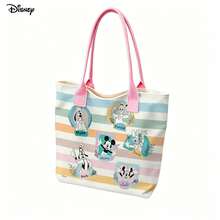 Miniso Disney Mickey And Friends 帆布托特包，馬卡龍條紋印花，附手柄肩背包，適合日常使用 - 黑色 - 查看 4
