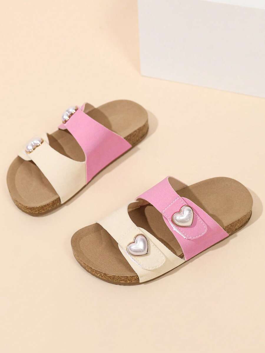 Summer Kids Double Strap Soft Cork Sole Slippers, Girls Pink & White Colorblock Faux Pearl Heart Decor Adjustable Hook & Loop Sandals