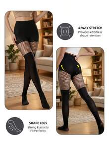1pc Women's Patchwork Fishnet Tights, Diamond Mesh Pattern On Thighs, Sexy Personalized Outfit Base Layer - Black - View 2