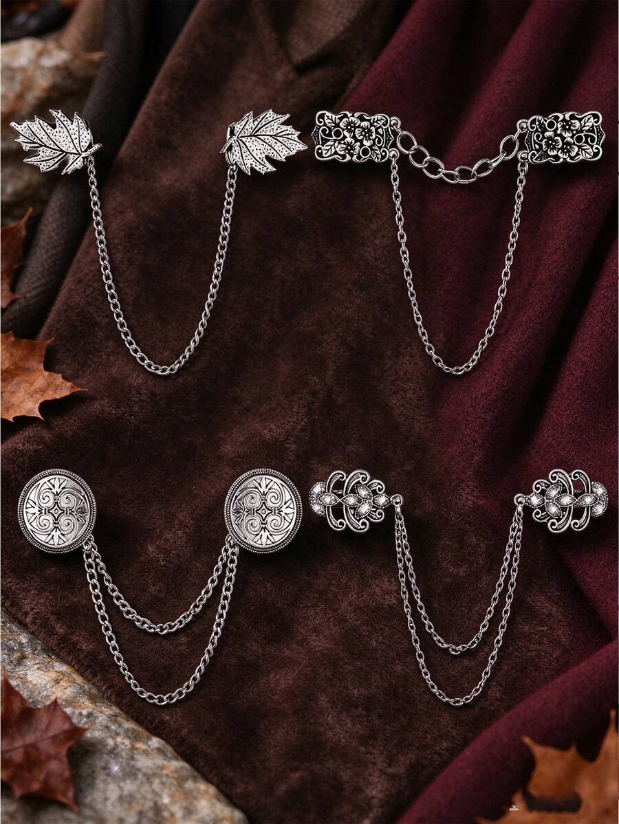 2/4Pcs Vintage Alloy Shawl Clips With Chain, Maple Leaf & Floral & Round Pattern Sweater Cardigan Collar Clasp, Autumn Winter Retro Clothing Accessory - Silver - View 1