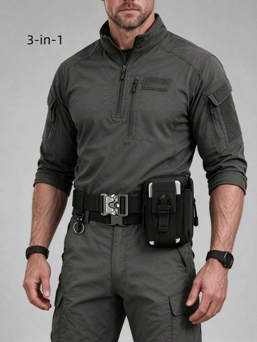 3pcs 2-In-1 Tactical Belt With Pockets - High-Strength Nylon Material, Adjustable Buckle - Multi-Function Outdoor/Hiking Survival Gear - Autumn Adventure, Holiday Camping Gift, Tactical Fashion Essential - Black - View 1