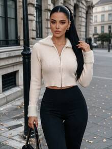 Vexica Women's Sexy Rib Knit Zip Up Sweater, Faux Fur Collar Crop Top For Fall Winter Night Out, Daily - Apricot - View 1