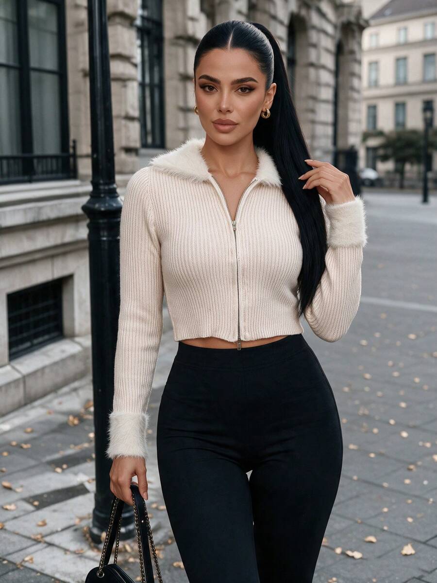 Vexica Women's Sexy Rib Knit Zip Up Sweater, Faux Fur Collar Crop Top For Fall Winter Night Out, Daily - Apricot - View 1