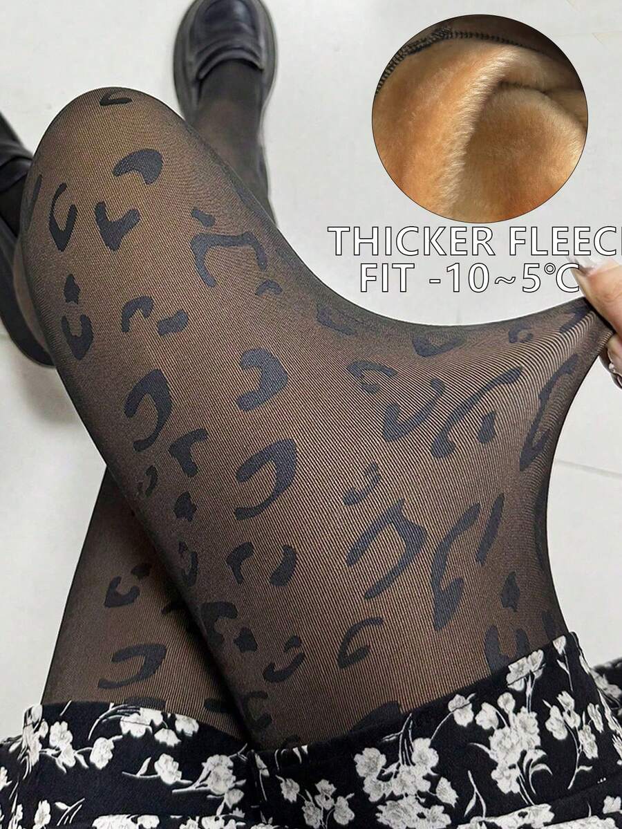1雙3000D女款秋冬加厚抓絨豹紋保暖內搭褲,動物紋理仿透膚緊身褲,收腰提臀微壓黑色褲襪,適合萬聖節與聖誕節穿搭,適用溫度-10~5℃ - 黑色 - 查看 1