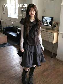 Korean Style Slouchy Chic Elastic Waist Slimming Versatile Casual Asymmetrical Ruffle A-Line Midi Skirt For Women - Grey - View 3