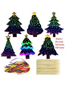 60pcs Christmas Tree Scratch Art Hanging Decorations, Suitable For Hand-Drawn Creation, DIY Decoration, Hanging Display, Applicable For Classroom, Home, Winter New Year Party, Rainbow Scratch Paper Craft Set, Ideal Holiday Gift For Children - Multiple Styles - View 8