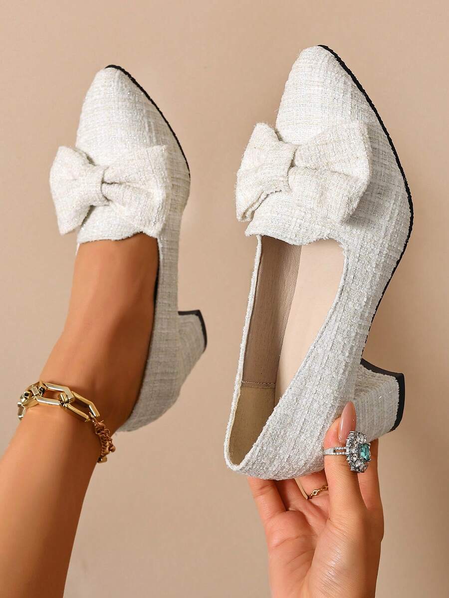 Women's White High Heel Pumps, Chunky Heel, Floral Wool Bow, Pointed Toe, Slip-On, Solid Color, Elegant Fashion Shoes For Spring/Autumn, Versatile For Dresses And Cheongsam - White - View 1