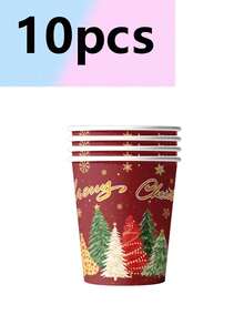 10pcs Christmas Tree Theme Party Supplies Tableware Atmosphere Decoration Paper Plates Paper Cups Paper Towels - Multicolor - View 7