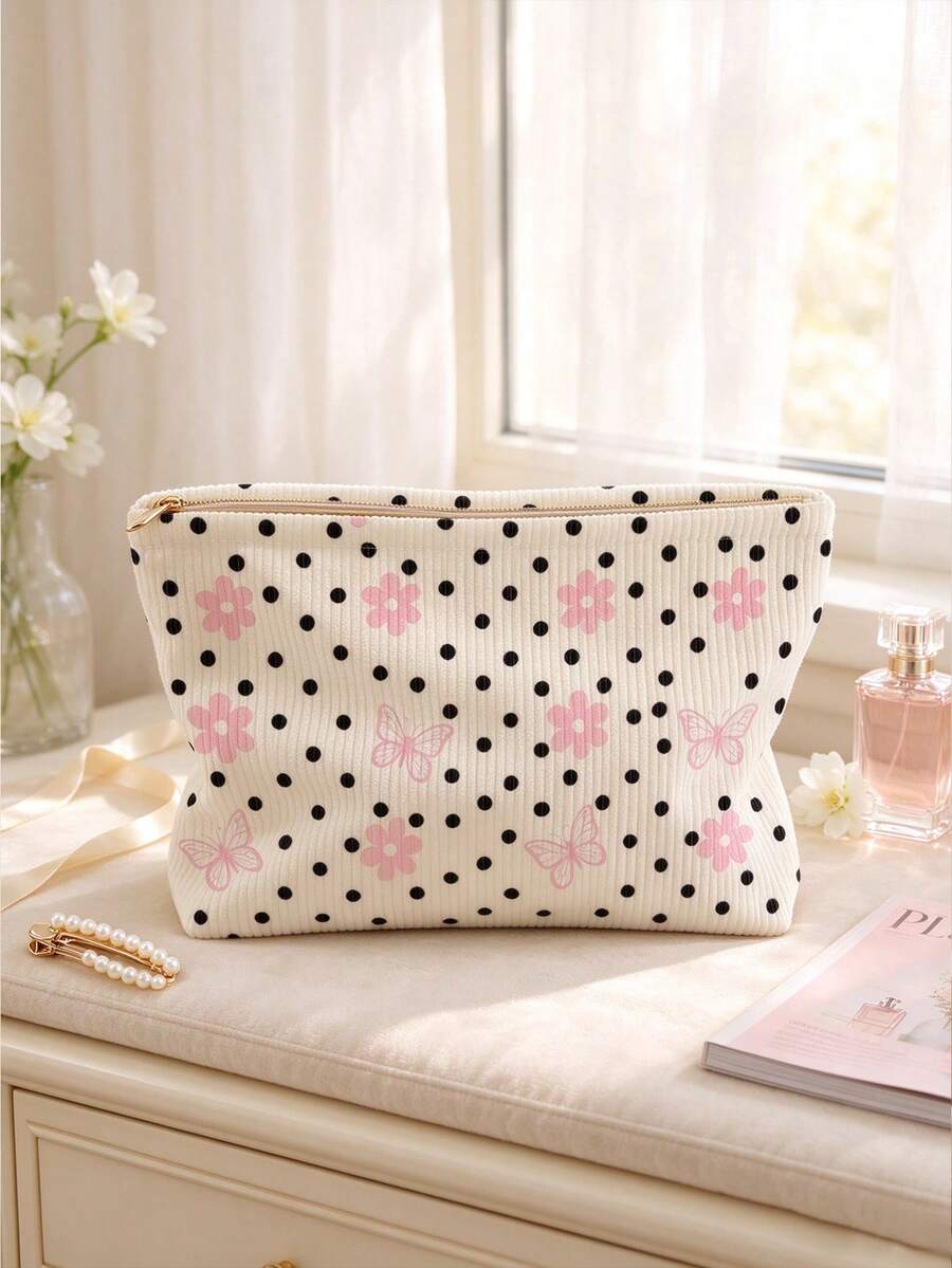 1pc Portable Cosmetic Storage Bag, Polka Dot Pink Butterfly Floral Pattern Double-Sided Print Travel Zipper Makeup Bag, Multi-Function Toiletries Organizer - Multicolor - View 1