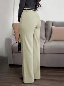 Celana Panjang Wanita Jisfaneya Warna Polos (Tanpa Sabuk), Saku Samping dan Desain Resleting, Kasual Elegan, Cocok untuk Kantor dan Perjalanan Sehari-hari - Khaki muda - View 3