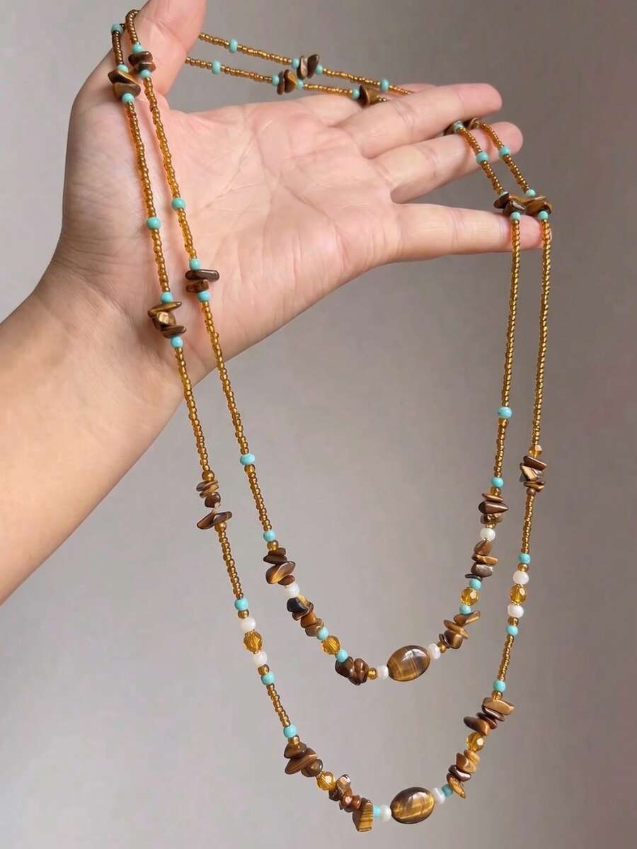 1pc Women's Boho Layered Tiger's Eye Chip Beaded Necklace Turquoise Accent Tassel Sweater Chain Western Retro Fall Jewelry Gift - Multicolor - View 1