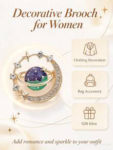 1pc Unique Star Moon Planet Brooch, Sparkling Rhinestone Inlaid Lapel Pin, Shiny Enamel Universe Theme Brooch Decoration, Suitable For Clothing, Coats, Bags, Fashionable Jewelry Gift For Women - Multicolour - View 5
