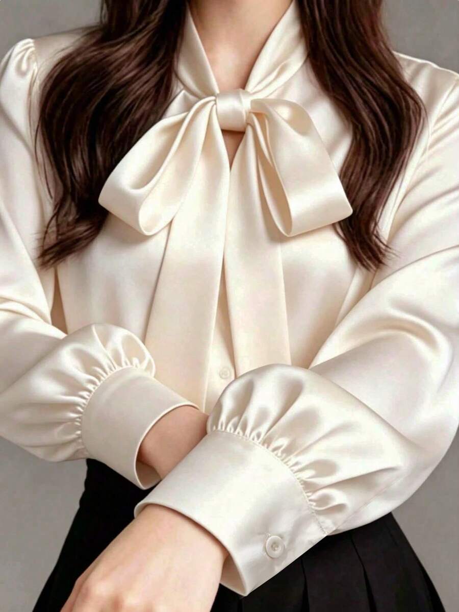 Plus Size Women's Elegant Satin Champagne Long Sleeve Casual Blouse With Bowknot Collar, Practical Commuter Top, Suitable For Spring And Autumn - Champagne - View 1