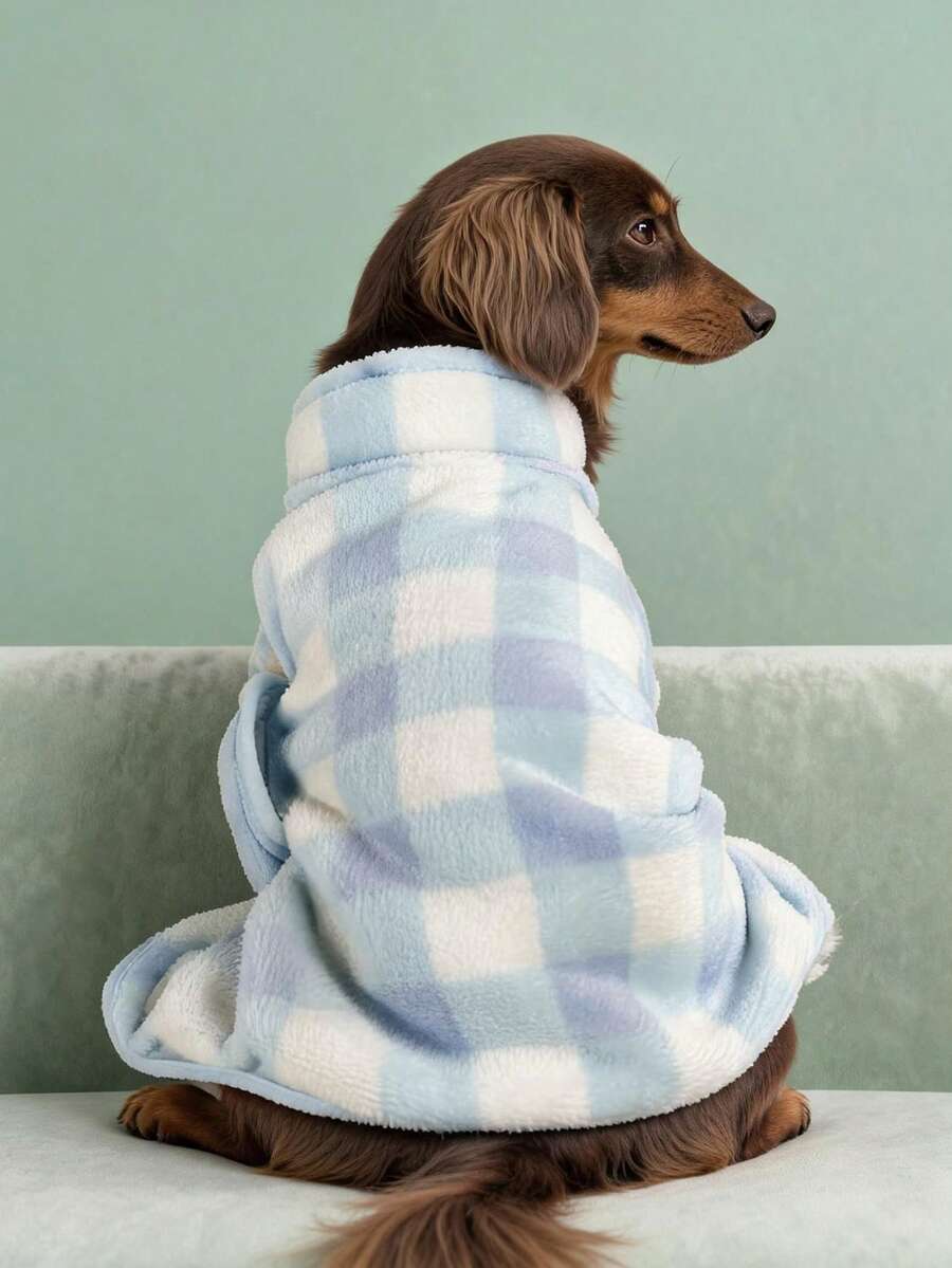 1PC 2026 New Pet Home Wear For Small Dogs, Puppies And Cats, Cute Pattern Design, Warm Fleece Blue And White Plaid Bath Towel - Multicolor - View 1