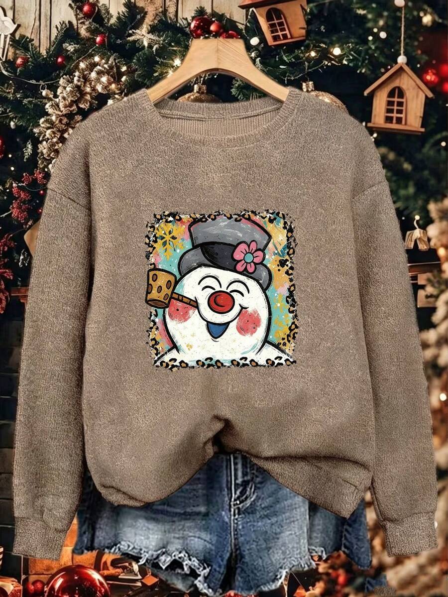 Plus Size Women Vintage Snowman Graphic Long Sleeve Crewneck Sweater Leopard Border Christmas Winter Top - Earth Gray - View 1