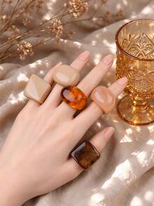 6Pcs/Lot Fashion Elegant Simple Resin Rings For Women Men Geometric Shape Suitable For Daily Parties Autumn Winter Outfits Vacations Gifts Wearing - Brown - View 7