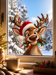 1 miếng decal tĩnh dán kính cửa sổ Giáng Sinh hình tuần lộc, hoạt hình dễ thương đội mũ Noel, nhãn dán kính tái sử dụng - phù hợp trang trí cửa sổ ngày lễ cho phòng khách, phòng ngủ tại nhà, decal tĩnh Giáng Sinh tuần lộc dễ thương với đèn màu và quả mọng đỏ, PVC, có thể tháo rời, nhãn dán trang trí kính cửa sổ - Nhiều màu - Xem 7