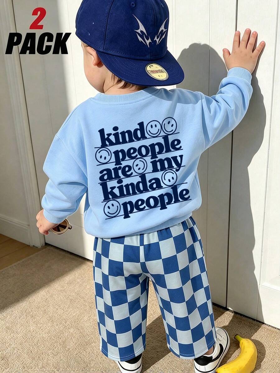 Cute Baby Boy 2-Piece Sportswear Set, Slogan Print Sweatshirt + Checkered Pants, Soft Infant Spring/Autumn/Winter Outfit - Baby Blue - View 1