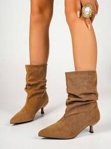 Women's Pointed Toe Ruched Mid-Calf Boots, Vintage Ruched Kitten Heel Ankle Boots - Khaki - View 4