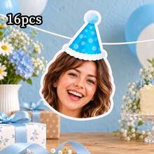 8/16/24pc Custom Face Photo Birthday Banner, Personalized Funny Portrait Head Cutout Bunting Garland With Colorful Party Hat, Custom Photo Banner For Birthday Party Decorations, Party Photo Booth Supplies - Multicolor - View 12