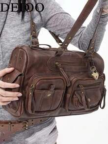 Dedoo Women's PU Multi-Pocket Boston Handbag, Zipper Rivet Hardware, Large Capacity Shoulder Bag, Vintage Biker Work Travel Purse - Coffee - View 1