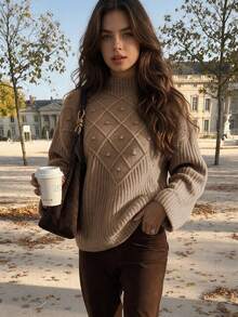 Women Mock Neck Sweater 3D Pom Pom Knit Pullover Loose Comfortable Casual Outfits For Fall Winter Daily Commuting Going Out Dating - Khaki - View 4