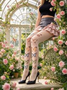 1 Pair Women's Butterfly Print Tights, Perfect For Parties And Daily Wear - Multicolor - View 4